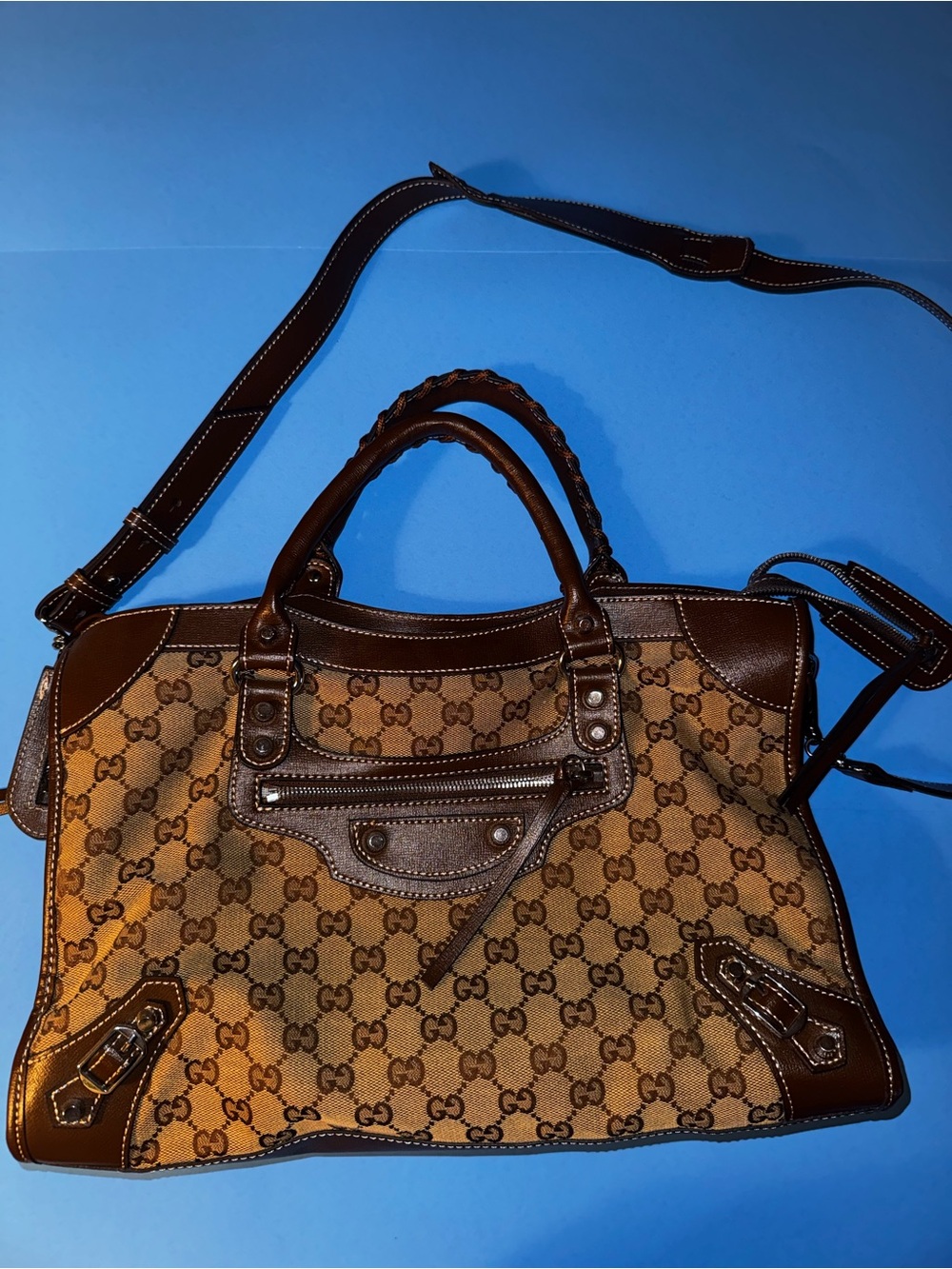 Brown Motorcycle Bag Canvas Shoulder Bag with Dark Brown Leather Trim